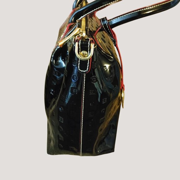 Arcadia Italy Handbag Satchel Black Patent Leather Embossed Design Gold Hardware - Picture 10 of 16
